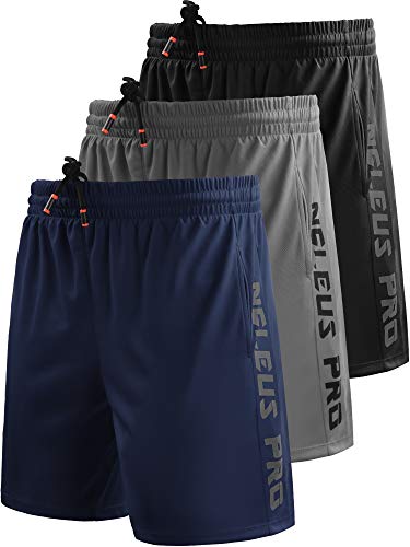 NELEUS Men's 7' Workout Running Shorts with Pockets,6056,3 Pack,Black/Grey/Navy Blue,XL,EU 2XL