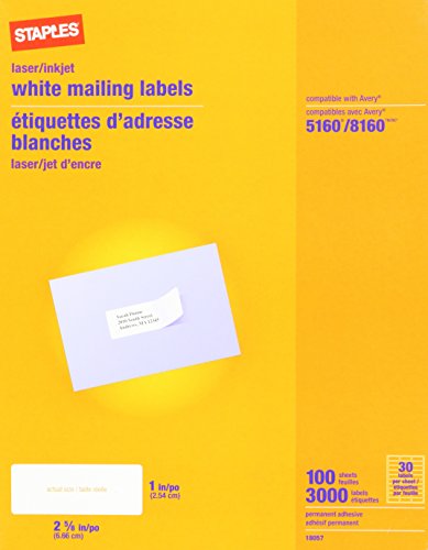 Staples White Inkjet/Laser Address Labels, 1' X 2-5/8', 3,000/Box