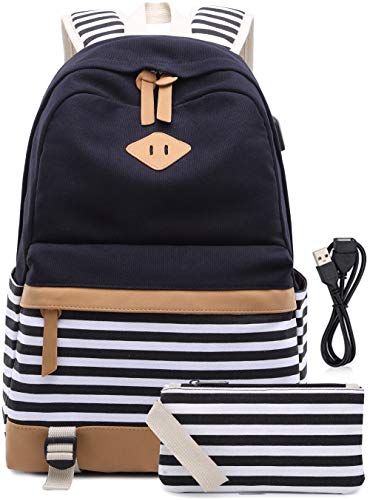 Meisohua Teen Girls Backpack Stripe Canvas Backpack for Girls High School Backpack with USB Laptop Backpack for Women 15.6 inch 2 in 1 Set Black