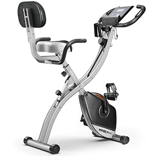 Folding Magnetic Exercise Bike, Upright Recumbent Indoor Workout Bike with Front and Back Arm Resistance Bands LCD Monitor