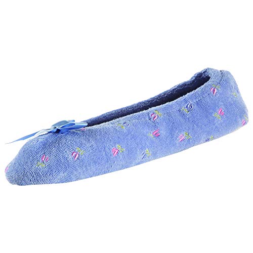 isotoner womens Embroidered Terry Ballerina Slippers Flat Sandals, Periwinkle Soft Tie Bow, 9.5-10.5 US