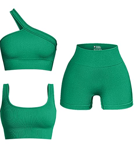 OQQ Women's 3 Piece Outfits Ribbed Seamless Exercise Scoop Neck Sports Bra One Shoulder Tops High Waist Shorts Active Set Green