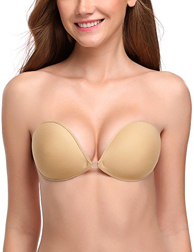 Wingslove Adhesive Bra Reusable Strapless Self Silicone Push-up Invisible Sticky Bras for Backless Dress (Beige,D)