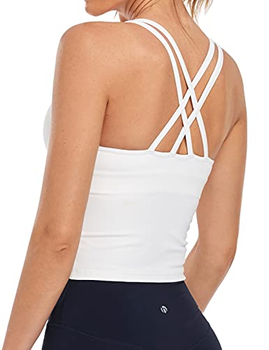HeyNuts Longline Zeal Sports Bras for Women, Medium Impact Wirefree Yoga Bras Padded Workout Tank Tops Crisscross Back Crop Tops White M