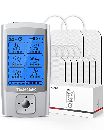 TENKER TENS EMS Unit Muscle Stimulator, 24 Modes TENS Machine for Pain Relief & Muscle Strength Rechargeable Electronic Pulse Massager with 2'x2' and 2'x4' TENS Unit Electrode Pads