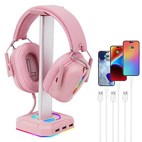 TuparGo Pink Headphone Stand RGB Lights Gaming Headset Holder with 3 USB Port for Charging or Connecting Headset Keyboard and Mouse,9 Modes Can be Toggles and Off,Aluminium Connecting Rod.