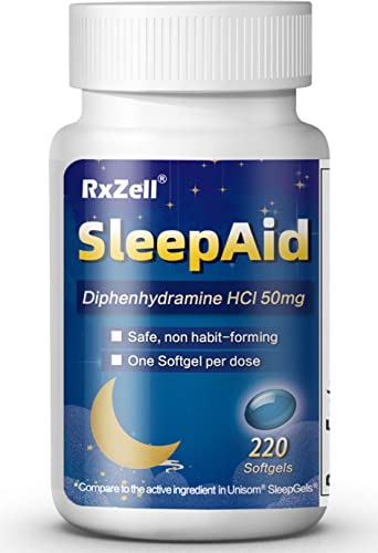 RXZELL Sleep Aid, Diphenhydramine HCl 50mg, 220 Softgels - Fall Asleep Faster, Deeper Restful Sleeping, Non Habit-Forming