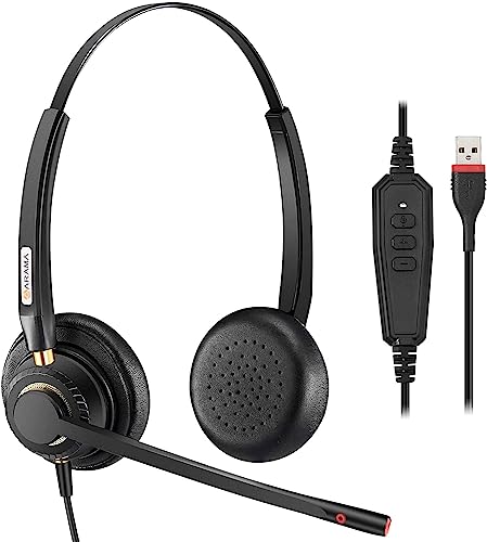 Arama USB Headset with Microphone for PC, Computer Laptop Headphones with Noise Cancelling Mic & Audio Controls for Home Office Business Skype UC Webinar Zoom