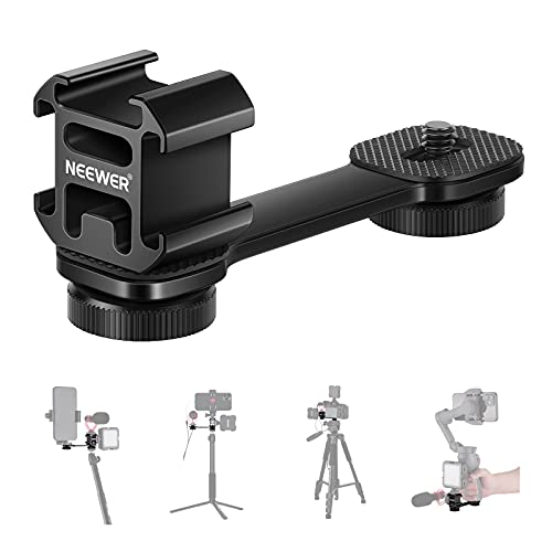 NEEWER Triple Cold Shoe Mount with Gimbal Microphone Mount Extension Bar & 1/4' Adapter Compatible with SmallRig Cage DJI OM4 Osmo Mobile 3 Zhiyun Smooth 4 Feiyu AK2000 Stabilizer/Tripod/Monopod