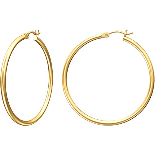 Gacimy Gold Hoop Earrings for Women, 14K Gold Plated Hoops with 925 Sterling Silver Post, Yellow Gold 40mm Medium Hoop Earrings for Women