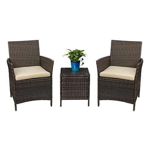 Devoko Patio Porch Furniture Sets 3 Pieces PE Rattan Wicker Chairs with Table Outdoor Garden Furniture Sets (Brown/Beige)