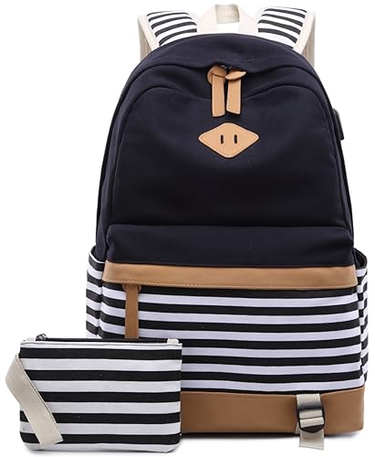 AM SeaBlue Women Laptop Backpack High School Bookbag 15.6 inch Casual Travel College Canvas with USB Charging Port (1-Black)