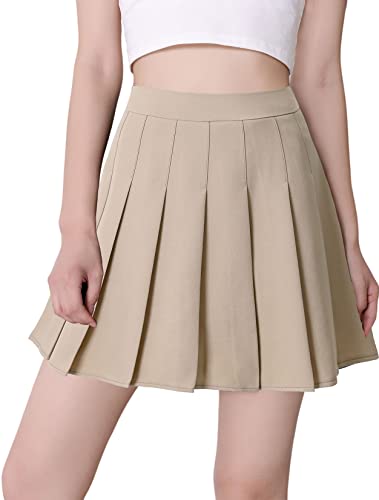 Hoerev Beige Mini Plaid Pleated Skater Tennis School Uniform Skirt with Lining Shorts,US 0