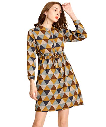 Ashir Aley Womens Geometric Printed Shirt Dresses Cami Button Dress Cotton Linen Dresses for Women Plus Size with Pockets(L,Yellow)