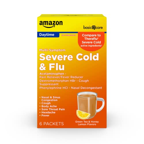 Amazon Basic Care Severe Cold & Flu Relief, Green Tea & Honey Lemon Flavors; Relieves Cough, Sore Throat Pain, Body Ache, Headache and Fever, 6 Count