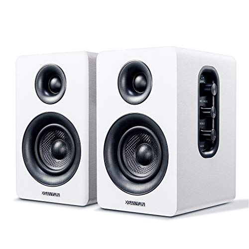 Sanyun SW208 3' Active Bluetooth 5.0 Bookshelf Speakers – 60W Carbon Fiber Speaker Unit - Built-in 24bit DAC - Dynamic 3D Surround Sound – 2.0 Computer PC Monitor Gaming Speakers (Pair, White)