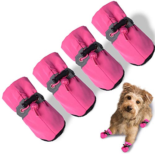 TEOZZO Dog Boots & Paw Protector, Anti-Slip Sole Winter Snow Dog Booties with Reflective Straps Dog Shoes for Small Medium Dogs 4PCS Pink 6