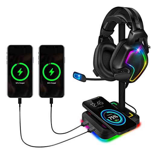 Headphone Stand with Wireless Charger TEEDOR RGB Gaming Headset Holder Hanger Rack with 10W/7.5W QI Charging Pad & 2 USB Charger Ports for Desktop PC Game Earphone Accessories, Black