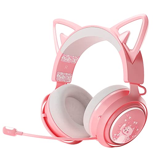 EASARS Wireless Cat Ear Headphones, Bluetooth Headset for Smartphone, Retractable Mic, 50mm Drivers, RGB Lighting Pink Headset (USB Dongle Not Included)