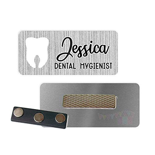 Tooth- Dental - Grey Stripe - PERSONALIZED - Custom Name Tag - 1.25' x 3' Magnetic OR Pin Back - 097NT