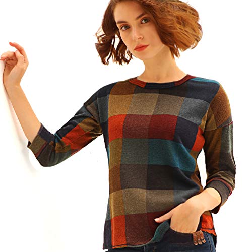 Womens Casual Tops 3/4 Sleeve Pullover Shirts Color Block Plaid Shirts(S,Red)