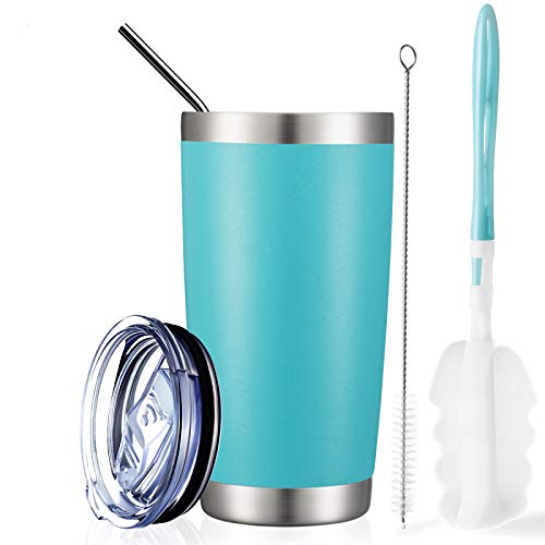 COMOOO 20oz Double Wall Vacuum Insulated Travel Mug, Stainless Steel Tumbler with Lid, Durable Powder Coated Insulated Coffee Cup for Cold & Hot Drinks, Light Blue