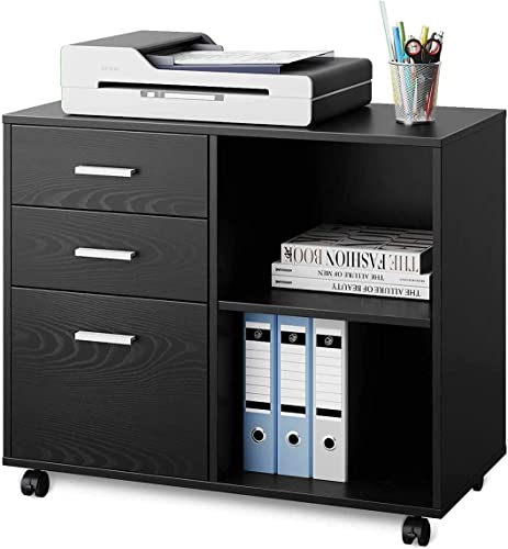 DEVAISE 3-Drawer Wood File Cabinet, Mobile Lateral Filing Cabinet, Printer Stand with Open Storage Shelves for Home Office, Classic Black
