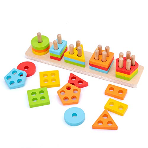 WOOD CITY Wooden Sorting & Stacking Toy, Shape Sorter Toys for Toddlers, Montessori Color Recognition Stacker, Early Educational Block Puzzles for Kids 1 2 3 Years Old Boys and Girls (5 Shapes)