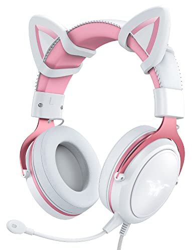 PHNIXGAM Cat Ear Gaming Cute Headset, Wired Over-Ear Headphones with Noise Cancelling Microphone, Surround Sound, LED Backlight for PS4, PS5, Xbox One(No Adapter), PC, Mobile Phone, White & Pink