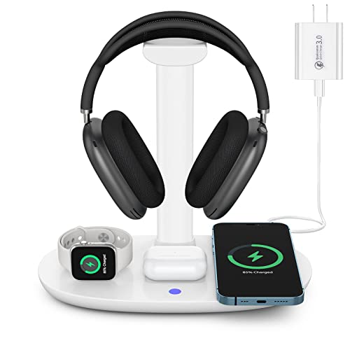 Headphone Stand with 15w Wireless Charger, Suguder 4 in 1 Charging Station Headset Holder for AirPods Max/Pro/2/3 iWatch 8/7/6/5/4/3/2/1/SE iPhone 14/13/12/11/XS/XR/X Series for Desktop Table Game