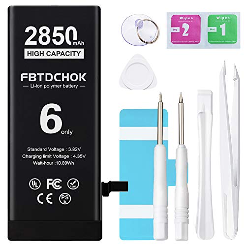 FBTDCHOK [2850mAh Upgraded Replacement Battery Compatible with iPhone 6 / 6G, [New Version] Ultra High Capacity 0 Cycle A+ Battery Replacement for iPhone 6 / 6G, with Complete Repair Tool Kit