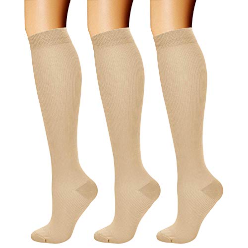 CHARMKING Compression Socks for Women & Men Circulation (3 Pairs) 15-20 mmHg is Best Athletic for Running, Flight Travel, Support, Cycling, Pregnant - Boost Performance, Durability (S/M, Nude)
