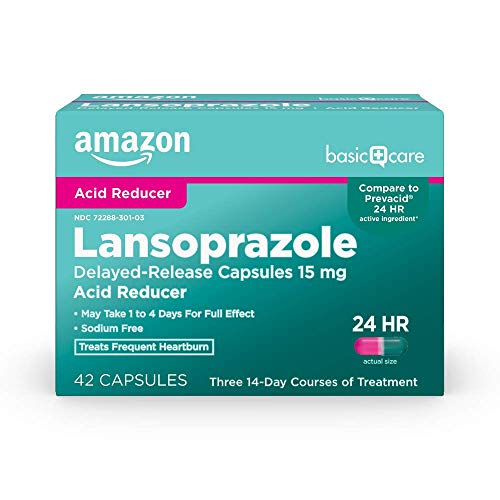 Amazon Basic Care Lansoprazole Delayed Release Capsules, 15 mg, Proton Pump Inhibitor, Treats Frequent Heartburn, Day or Night, 42 Count