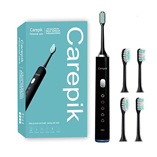 Carepik Electric Toothbrush with Smart Timer Whitening, Powerful Sonic Cleaning,Dentists Recommend,5 Modes, 4 Duponts Brush Heads,Ultra Sonic 33,000 VPM Motor, 4 Hr Charge(Black)