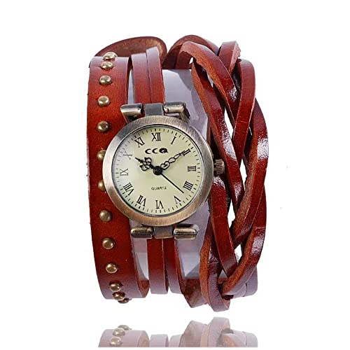 MINILUJIA Genuine Leather Braided Strap Double Wrap Aound Watch for Women Vintage Bohemian Style Bronze Small 26mm Roman Number Dial 3 Size Adjustable Brown