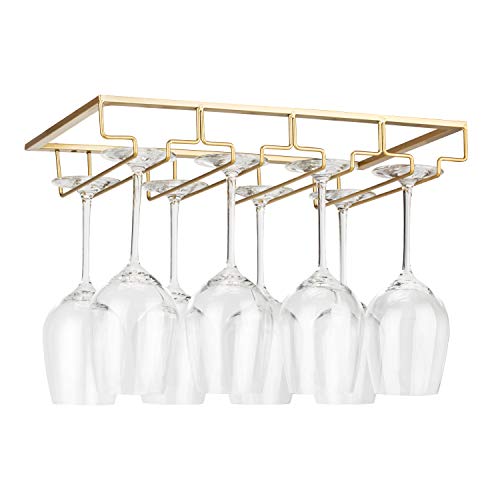 FOMANSH Wine Glass Rack Under Cabinet - Stemware Holder Metal Wine Glass Organizer Glasses Storage Hanger for Bar Kitchen Gold 4 Rows