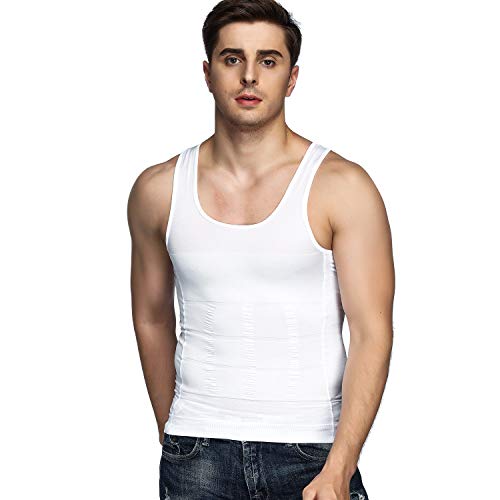 Odoland Men's Body Shaper Slimming Shirt Tummy Vest Thermal Compression Base Layer Slim Muscle Tank Top Shapewear, White, M