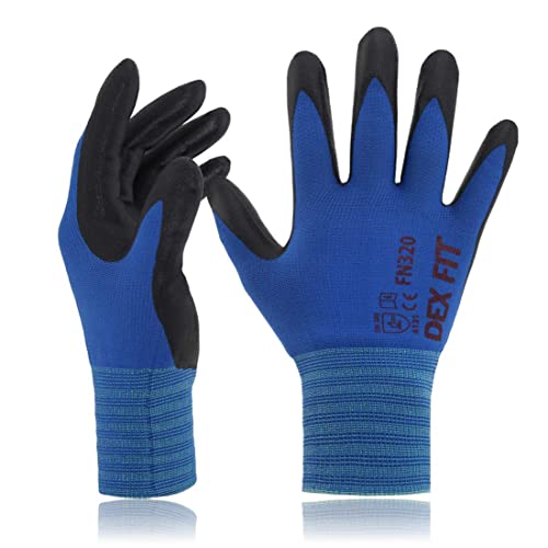 DEX FIT Premium Nylon Nitrile Work Gloves FN320, 3 Pairs, 3D-Comfort Stretchy Fit, Firm Grip, Thin & Lightweight, Durable, Breathable & Cool, Machine Washable; Blue 8 (M)