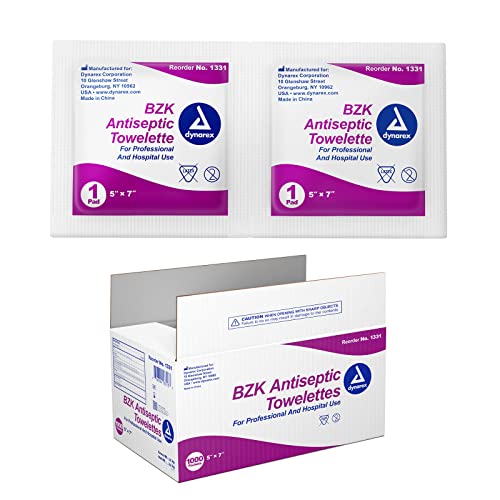 Dynarex BZK Antiseptic Towelettes - 5'x7' - With Benzalkonium Chloride Formula, Hand Sanitizing Wipes or First Aid Wound Wipes, 1 Case of 1000