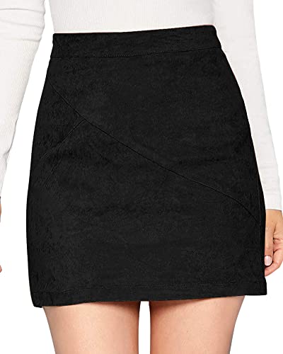 MANGOPOP Women's Basic Faux Suede High Waist A-line Mini Pencil Bodycon Skirt (A Black, Medium)