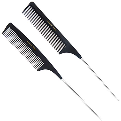 SOURCE KING Rat Tail Combs Pack of 2 - Heat Resistant, Anti Static Foiling Comb with Stainless Steel Pintail for Styling of All Hair Types (Black)