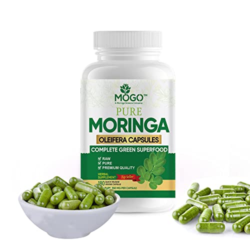 MOGO Organic Moringa Capsules | 100% Pure Single Origin Moringa Leaf Powder Supplement | Nutrient-Rich Vegetarian Green Superfood for Immune System, Energy, Metabolism, & Lactation | 180 Capsules