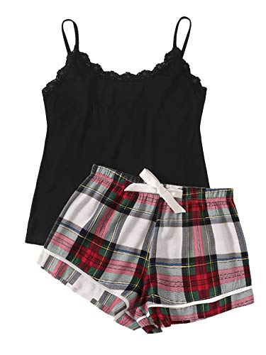 SweatyRocks Women's Sleepwear Set Plaid Print Cami Top and Elastic Waist Short Pajama Set Multicolor Medium
