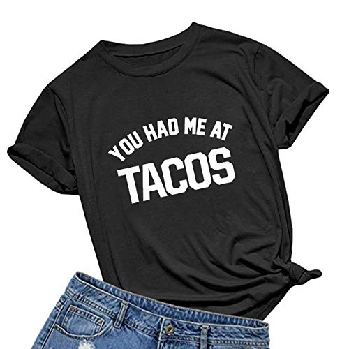 BABEGO Womens You Had Me at Tacos Letters Printed Funny T-Shirt Tops Tees Black Small