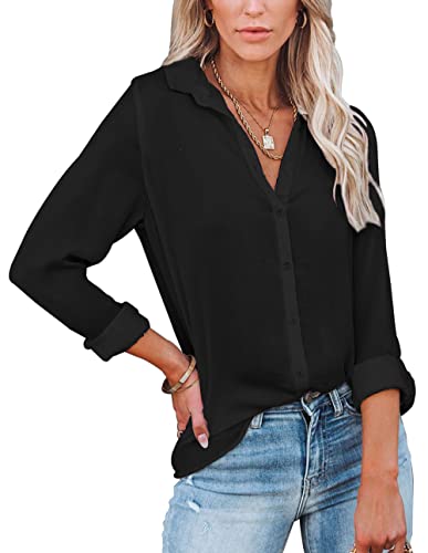 Diosun Womens Button Down V Neck Shirts Long Sleeve Office Casual Business Plain Blouses Tops (Medium, Black)