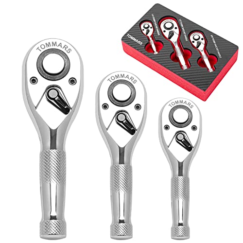 TOMMARS Stubby Ratchet Set, 1/4', 3/8', 1/2' Drive Ratchet Handle Wrench 72-Tooth Quick-Release Reversible