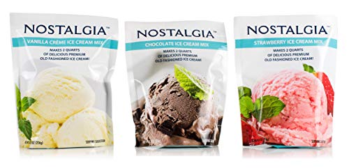 Nostalgia Ice Cream Mix. Vanilla, Chocolate and Strawberry. Each Pocket of 8 Oz Makes 2 Quarts of Delicious Premium Old Fashioned Ice Cream!