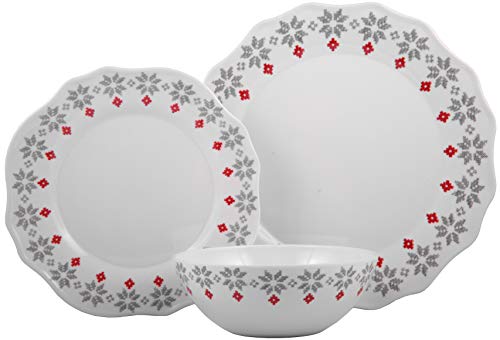 Melange 12-Piece 100% Dinnerware Set for 4 Christmas Collection-Grey Holly Shatter-Proof and Chip-Resistant Melamine Dinner Plate, Salad Plate & Soup Bowl (4 Each), 10.5', White