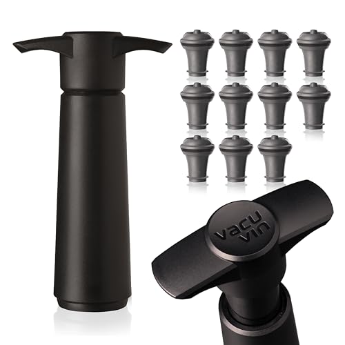 Vacu Vin Wine Saver Pump Black with Vacuum Wine Stopper - Keep Your Wine Fresh for up to 10 Days - 1 Pump 11 Stoppers - Reusable - Made in the Netherlands
