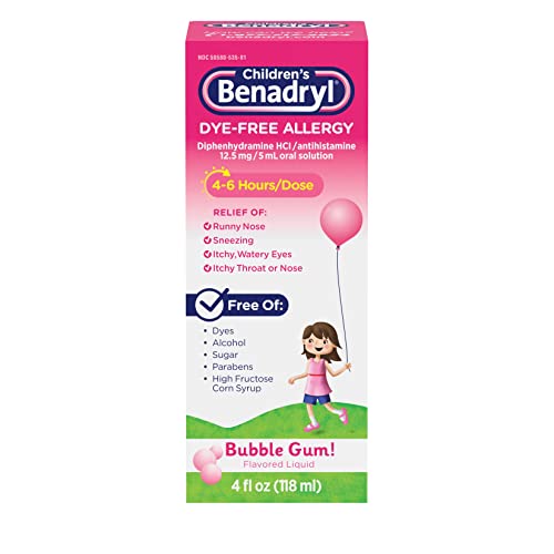 Benadryl Children’s Dye-Free Allergy Liquid with Diphenhydramine HCl, Bubble Gum Flavor, 4 fl. oz